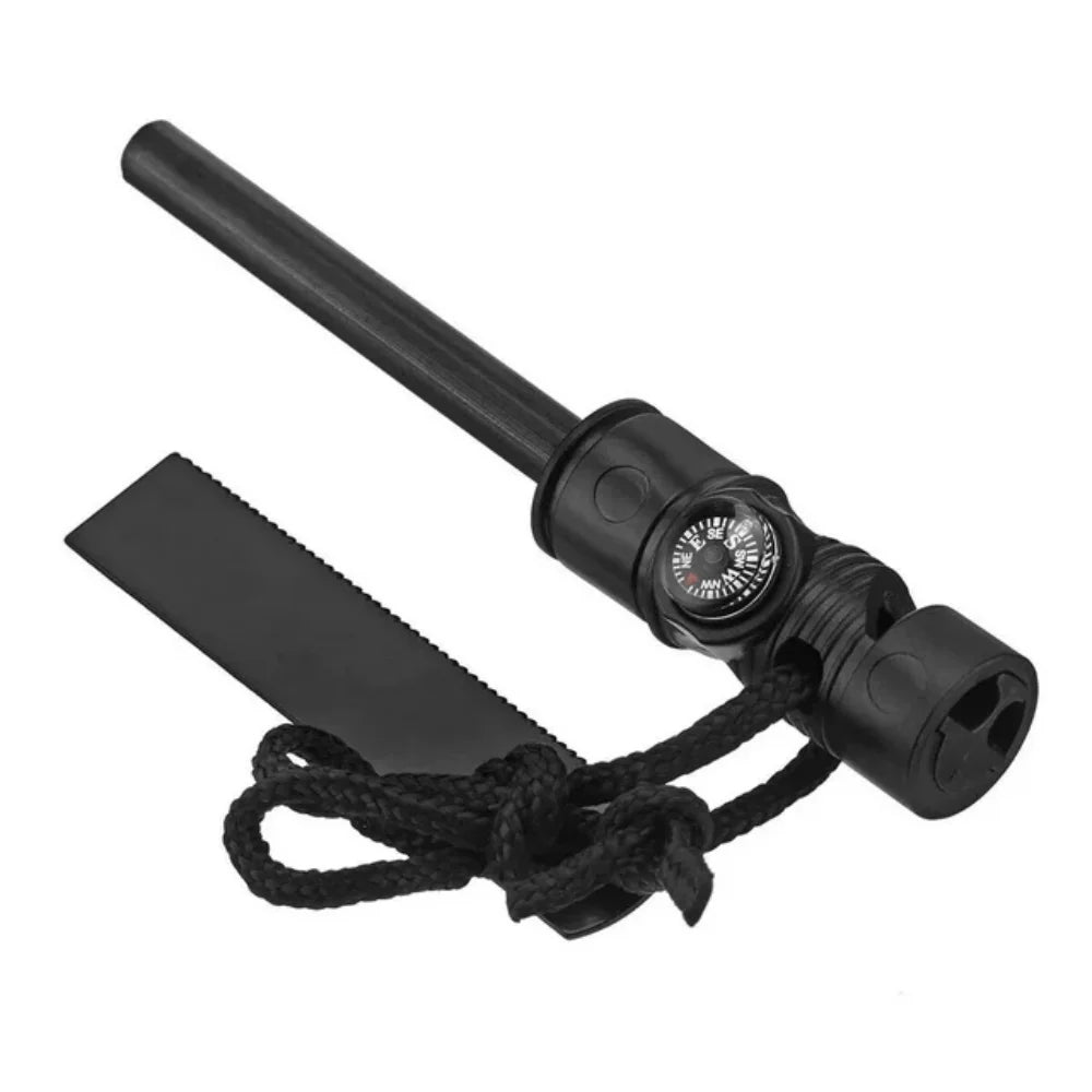 Multi-function fire starter with compass and whistle