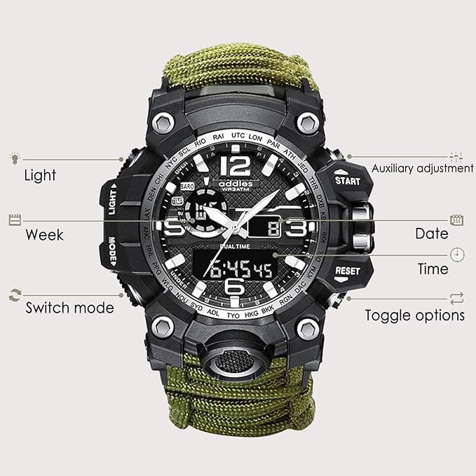 Tactical analog digital watch suitable for daily and outdoor wear