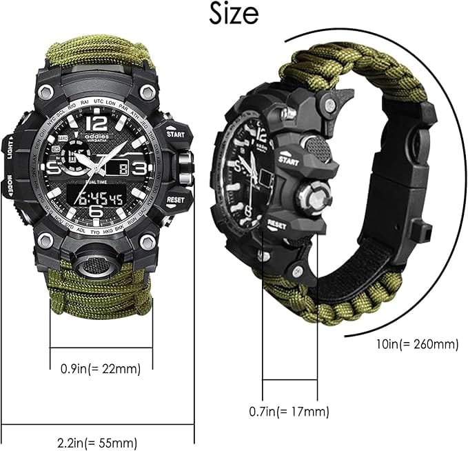 Military-style survival watch for fitness and outdoor activities