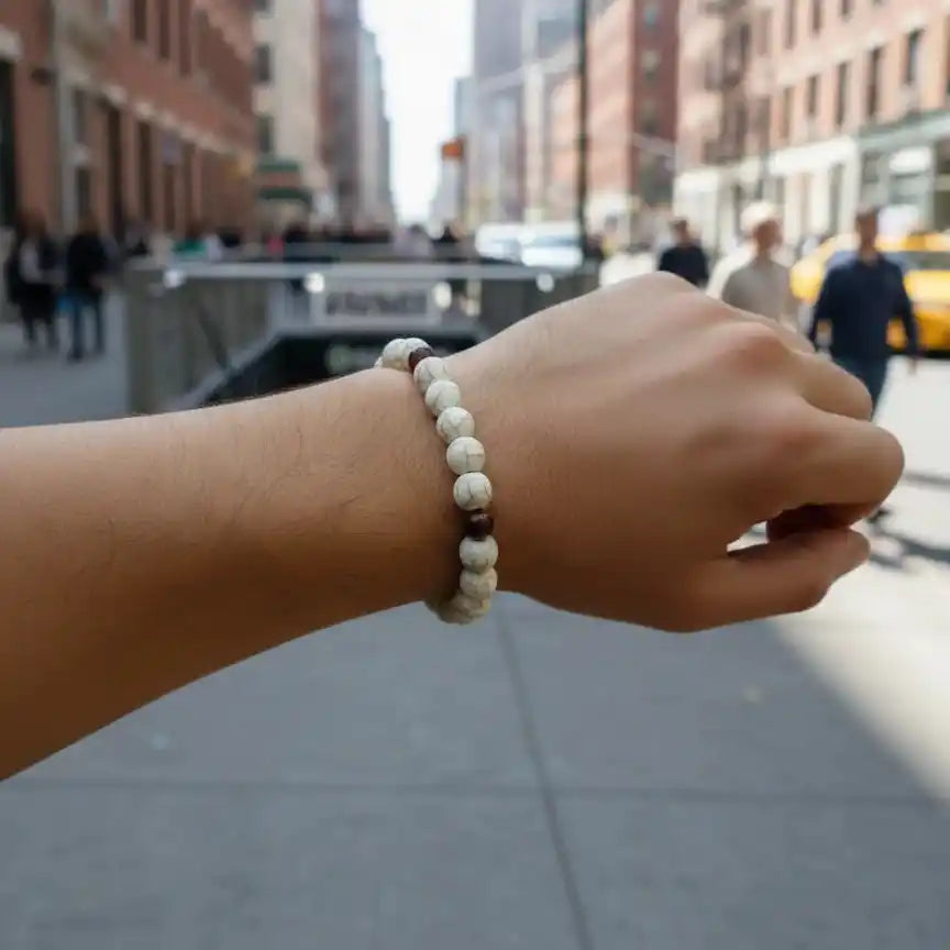 Handmade genuine howlite gemstone bracelet for stress relief and balance.

