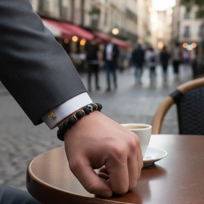 "Man wearing a classic black lava stone bracelet with a subtle silver charm, providing a rugged, natural look."