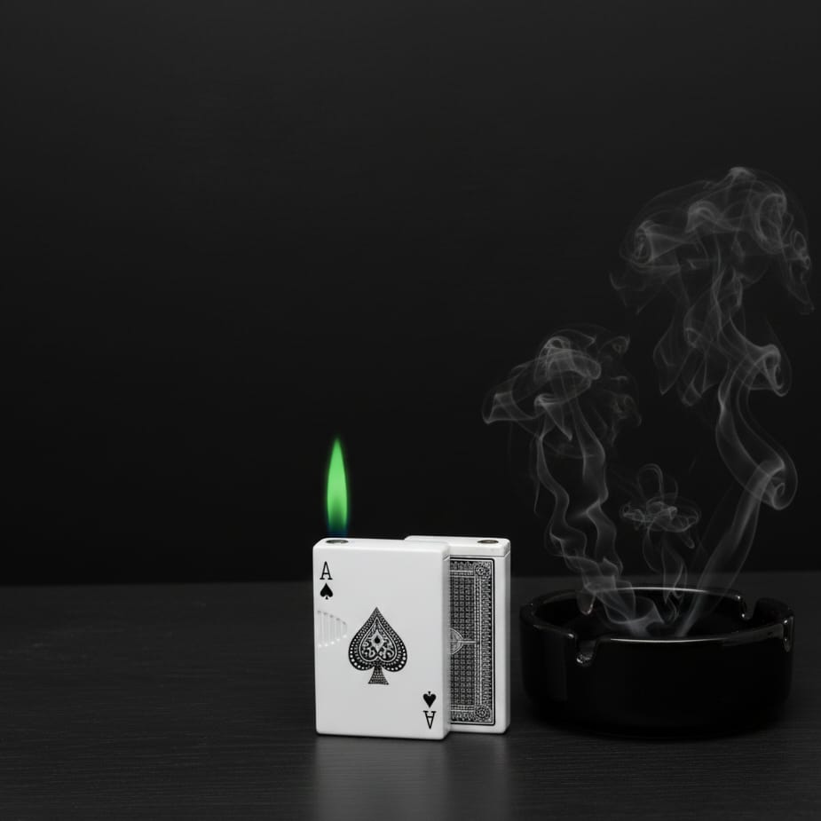 Card Poker lighter having green flame and the smoke