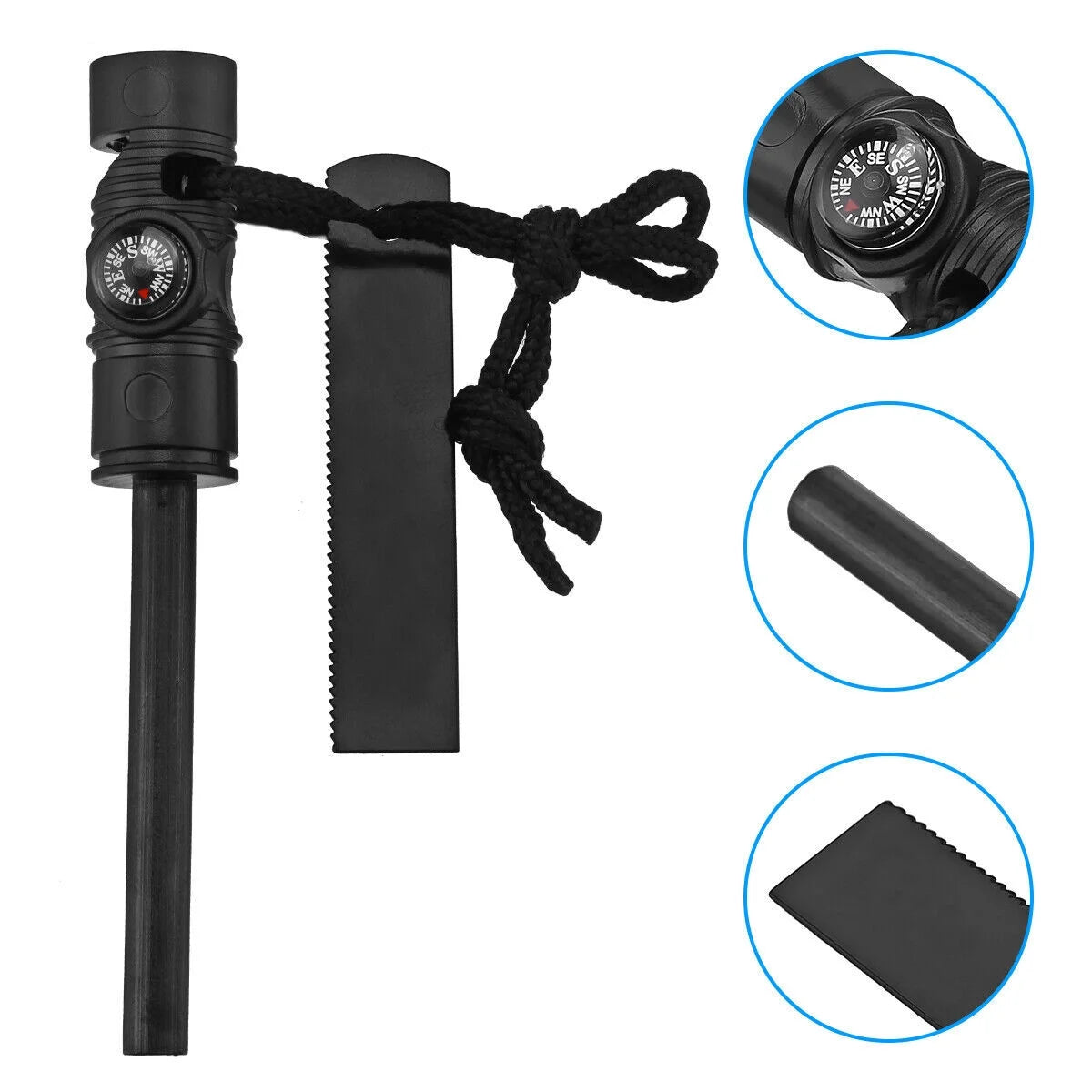Outdoor survival fire starter with signaling whistle and compass