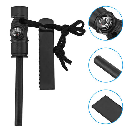 Outdoor survival fire starter with signaling whistle and compass
