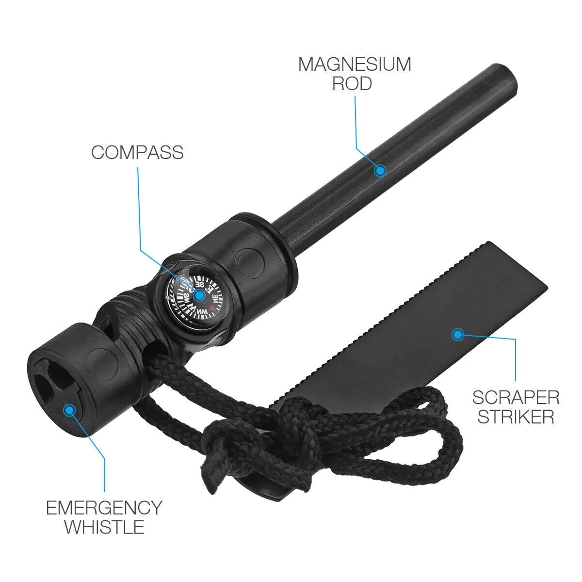 Lightweight magnesium fire starter with navigation compass