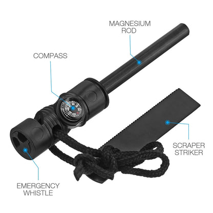 Lightweight magnesium fire starter with navigation compass