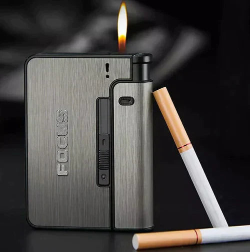 Focus cigarette case with attached lighter