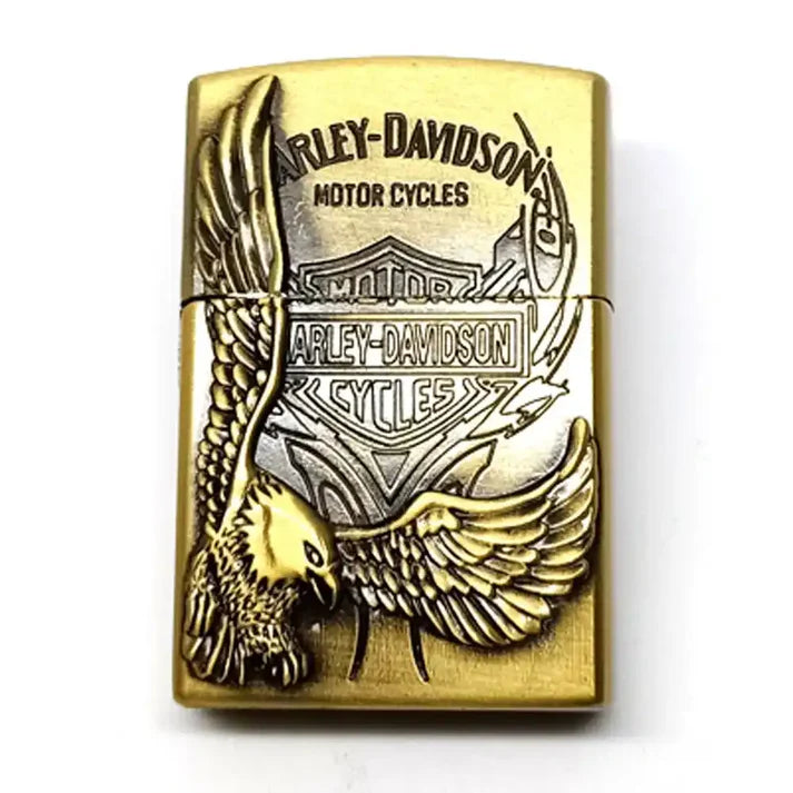 Harley Davidson metal gas lighter in silver and gold refillable design