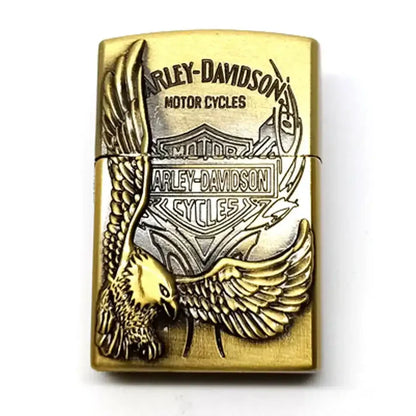 Harley Davidson metal gas lighter in silver and gold refillable design