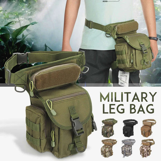 Green military leg bag with multiple pockets and straps, displayed with a person wearing it.