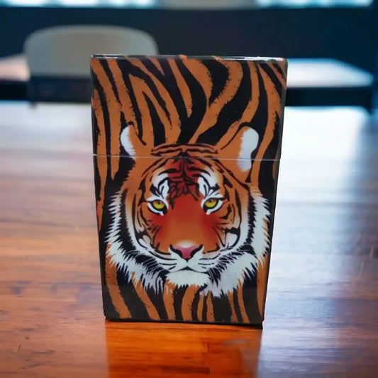 Pop Open Cigarette Case with printed tiger on it 
