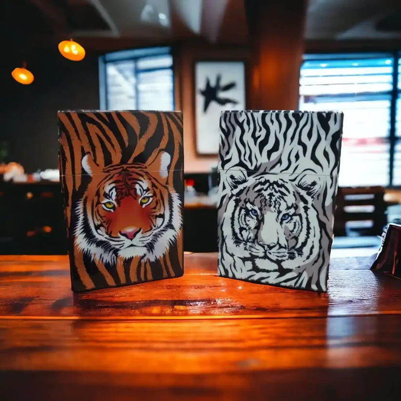Pop open Cigarette Case with tiger printed on the table