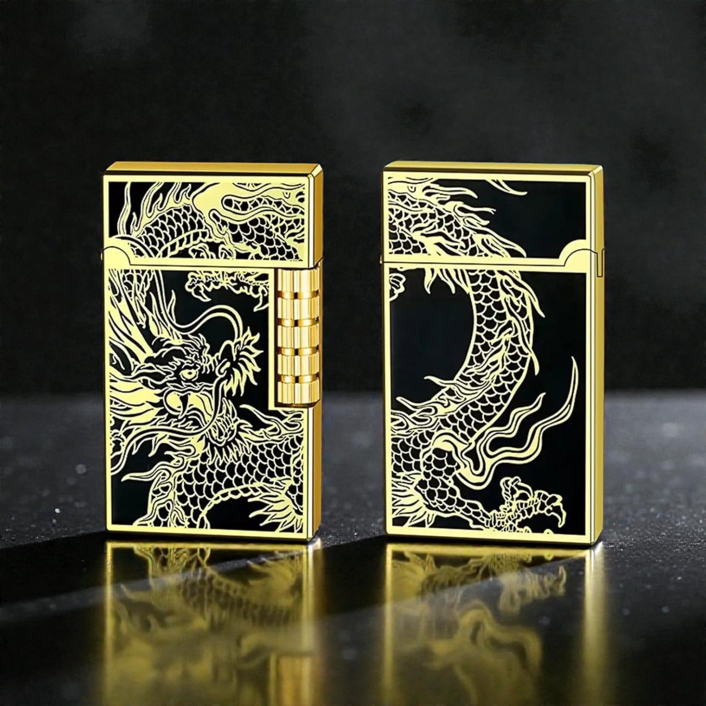 Gold lighter with dragon design and measurements on a white background