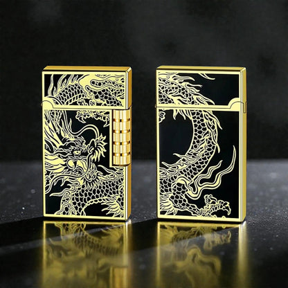 Gold lighter with dragon design and measurements on a white background