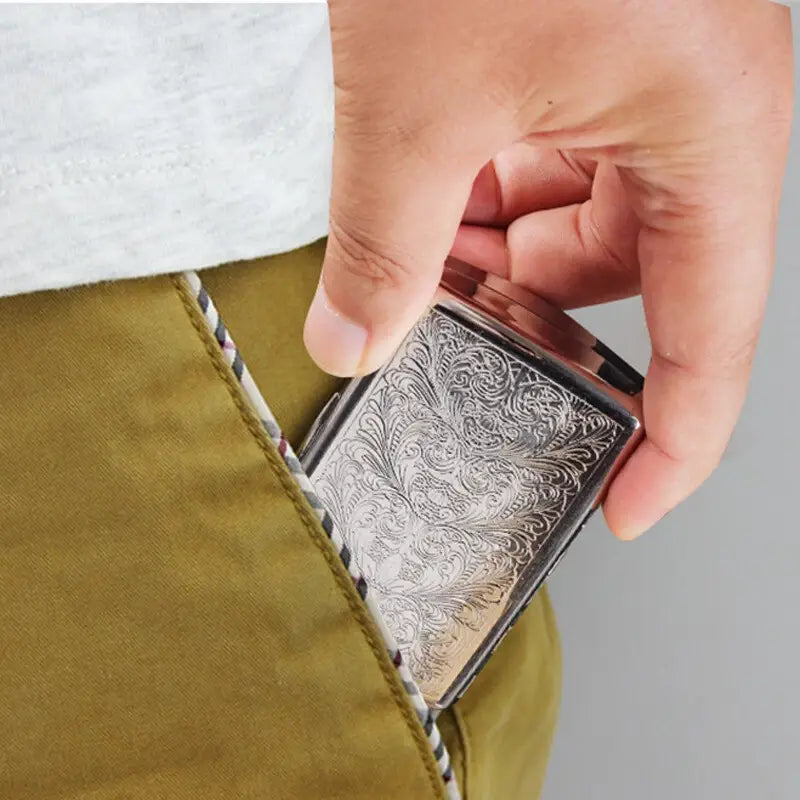 A Man Is Putting Vintage Cigarette Case in to His Pocket