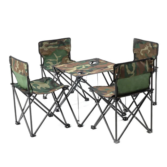 Camouflage-patterned folding chairs and table set on a white background