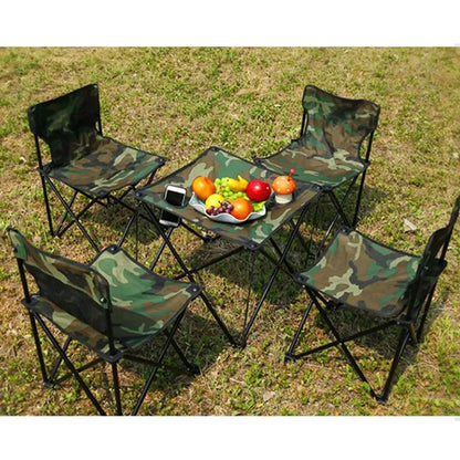 Camouflage outdoor chair set with a small table and chairs on grass.