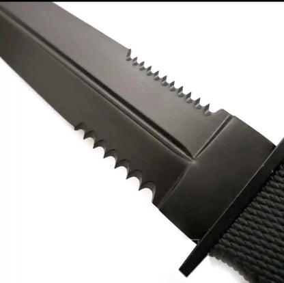 Close-up of a black knife with a serrated blade on a white background