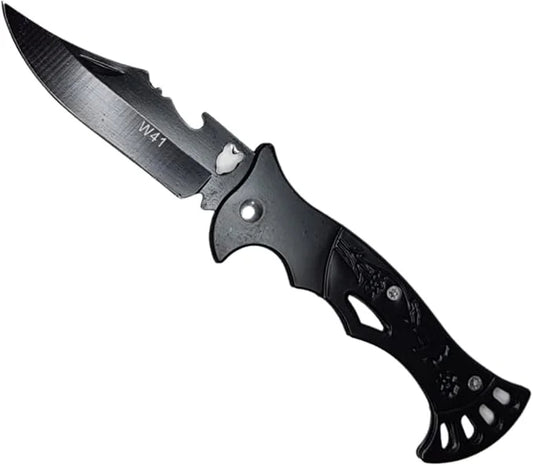 Black folding knife with a textured handle on a white background