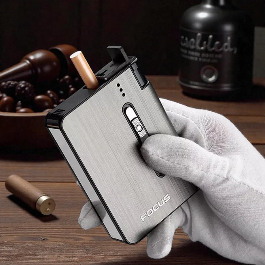 Focus Aluminium Cigarette Case with Lighter | Compact 2-in-1