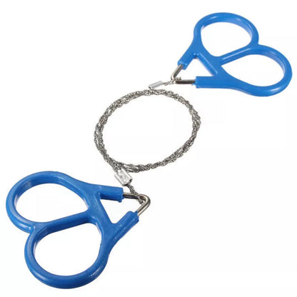 Blue-handled saw with a metal lanyard on a white background